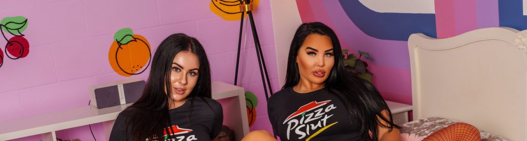 Amber and Layla Pics babeshows, pizza sluts Amber and Layla on bed with pizza slices covering their pussies